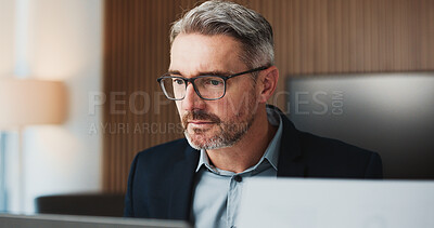 Buy stock photo Mature, man or accountant with documents or laptop for finance report or expenses in office. Businessman, accounting or analyst with paper for financial tax compliance or revenue service in workplace