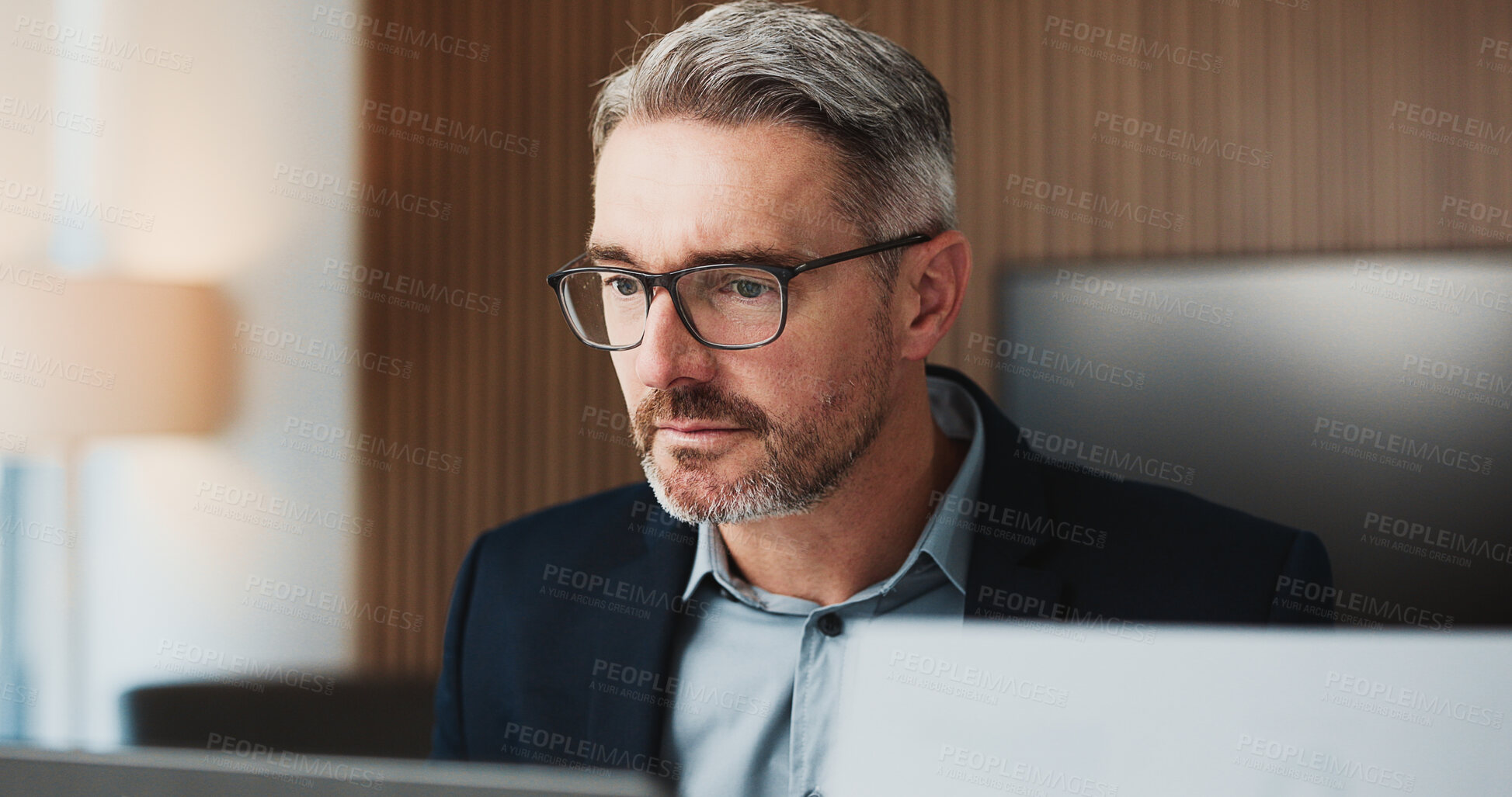 Buy stock photo Mature, man or accountant with documents or laptop for finance report or expenses in office. Businessman, accounting or analyst with paper for financial tax compliance or revenue service in workplace