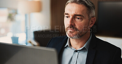 Buy stock photo Laptop, finance and business man in office for research, financial report and budget planning. Reading, corporate and mature person on computer for online proposal, investment review and revenue