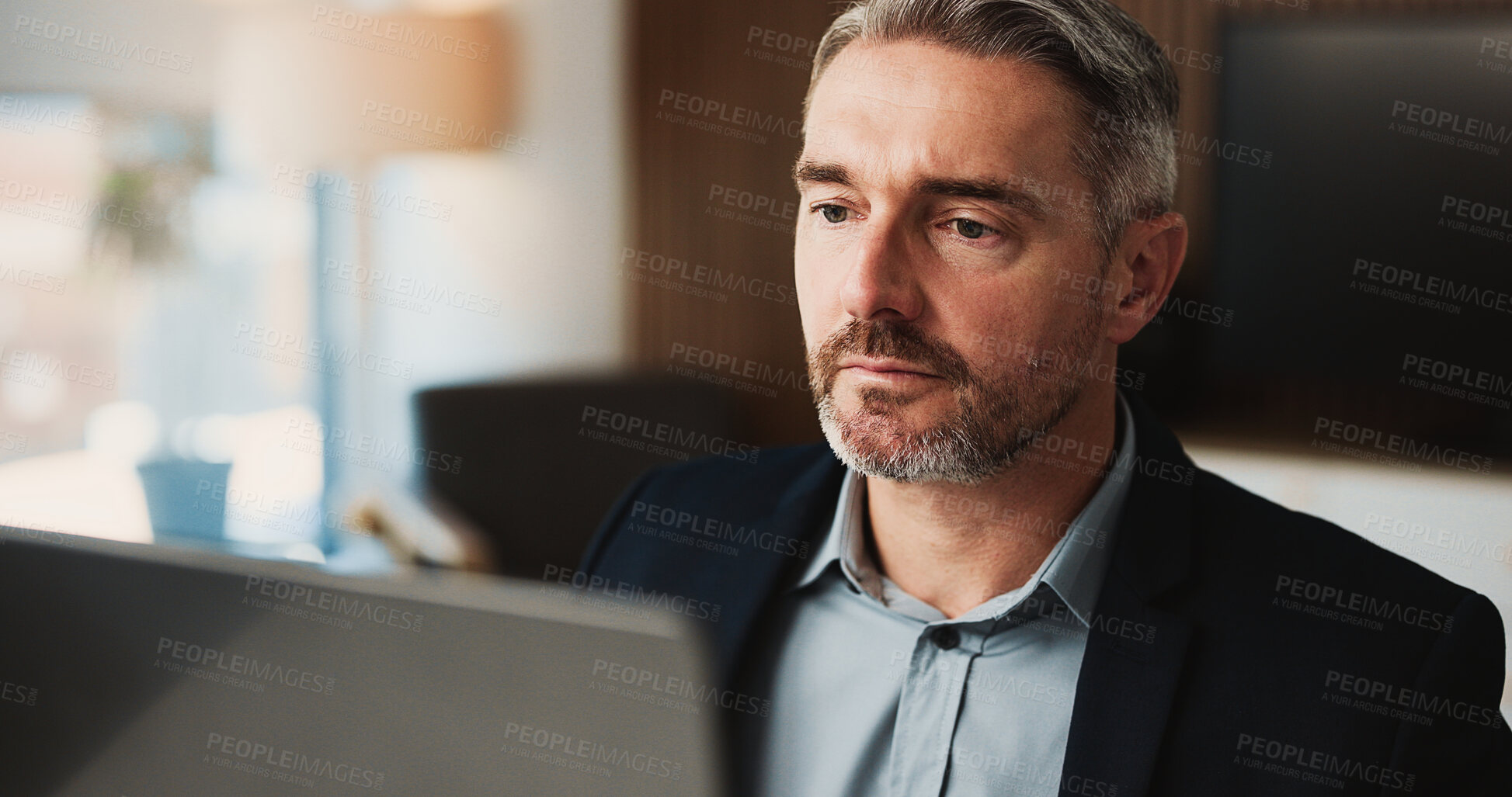 Buy stock photo Laptop, finance and business man in office for research, financial report and budget planning. Reading, corporate and mature person on computer for online proposal, investment review and revenue