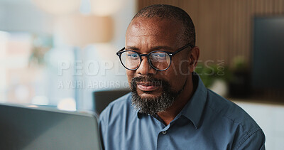 Buy stock photo Laptop, finance and business black man in office for research, financial report or budget planning. Reading, corporate and mature person on computer for online proposal, investment review or revenue