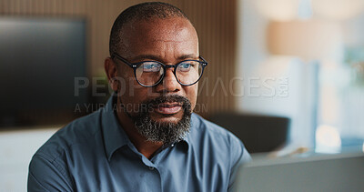 Buy stock photo Laptop, reading and business black man in office for research, financial report or budget planning. Glasses, corporate and mature person on computer for finance proposal, investment review or revenue