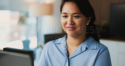 Buy stock photo Happy, reading and business woman in office for research, financial report and budget planning. Professional, corporate and person on computer for online proposal, investment review and project