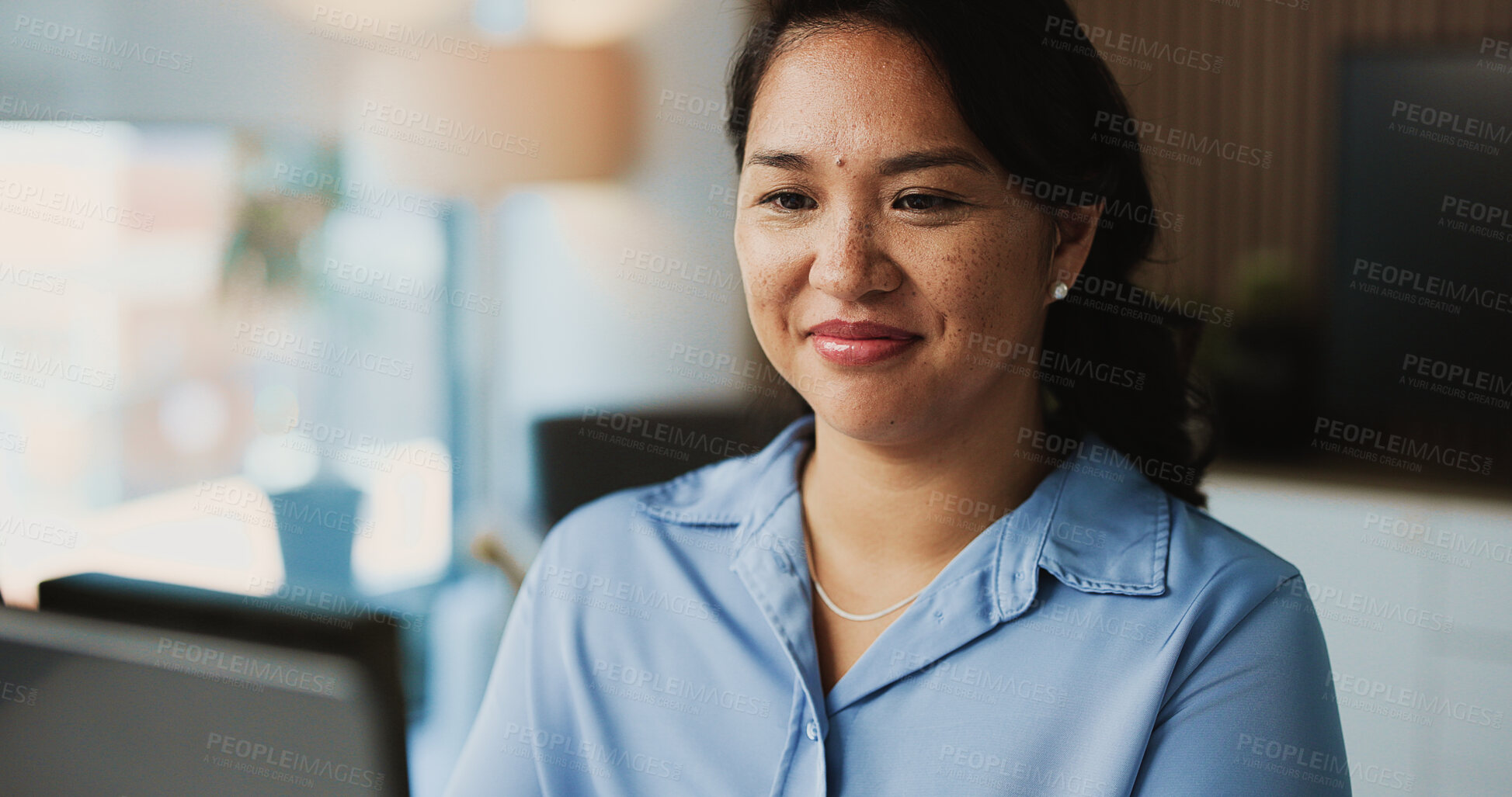 Buy stock photo Happy, reading and business woman in office for research, financial report and budget planning. Professional, corporate and person on computer for online proposal, investment review and project