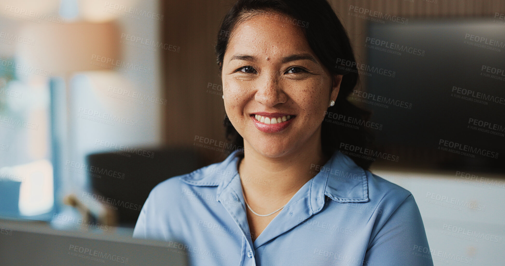 Buy stock photo Portrait, woman and happy with laptop, office and attorney with research on web for case or justice. Legal, lawyer and Asian person with tech for evidence, confident and smile for trial in Thailand