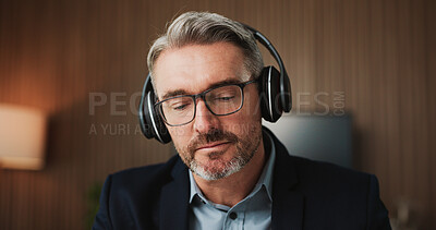 Buy stock photo Business, mature man and headphones in office for streaming, listening to music and playlist. Male person, glasses and audio of podcast, online radio and employee break with album sound in workplace