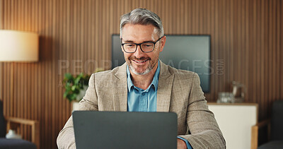 Buy stock photo Happy, man and employee with laptop, office and research for risk assessment on website and reading. Business, financial analyst and mature person with tech for budget review and wealth management