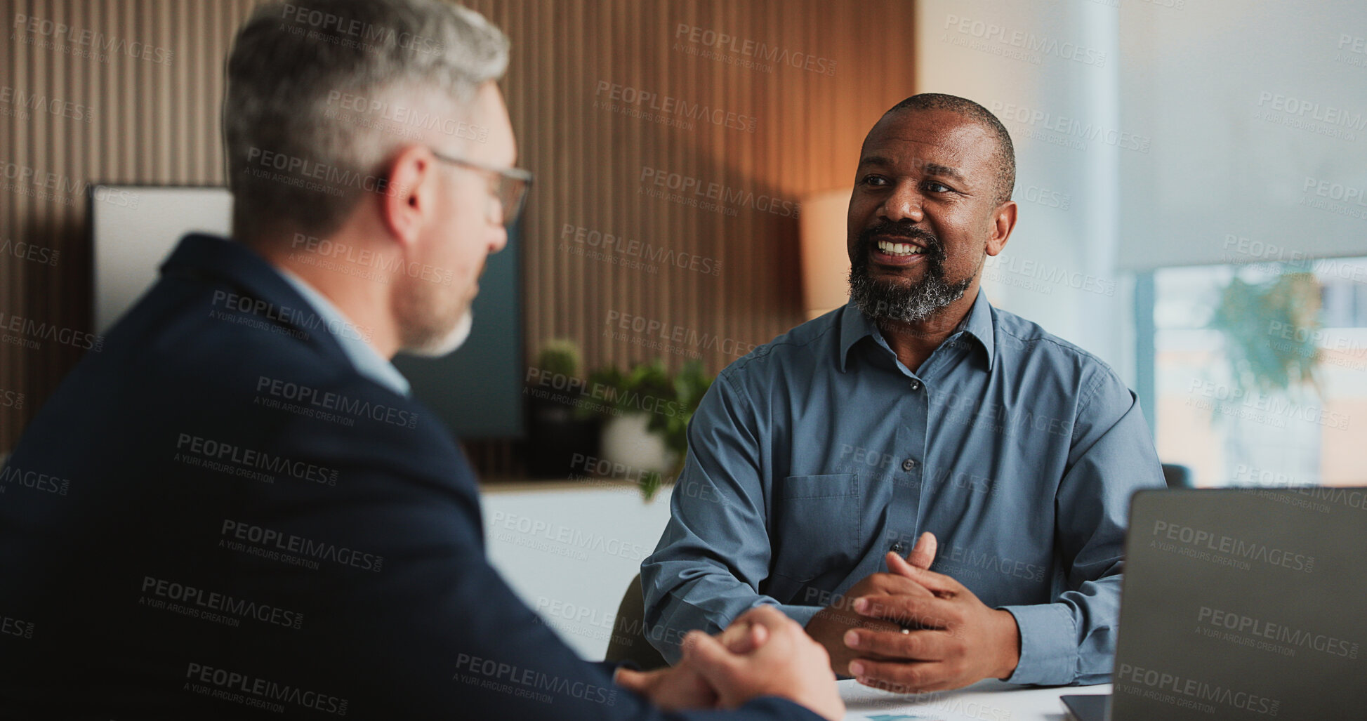 Buy stock photo Smile, meeting and business men in office with review, advice or feedback on legal trial. Collaboration, laptop and team of mature attorneys with planning, discussion and group for law case research