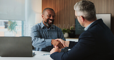 Buy stock photo Shaking hands, collaboration and business men in office for finance partnership, agreement or deal. Happy, meeting and male financial advisor with client for investment contract with handshake.
