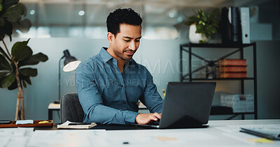 Buy stock photo Typing, laptop and research with business man in office for planning, account review and investor report. Risk analysis, portfolio budget and online audit with person  in agency for stock evaluation