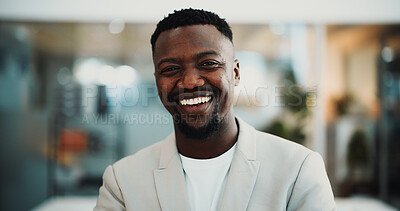 Buy stock photo Journalist, portrait or black man in agency with smile, experience or pride in media job. Happy, bokeh or male person in newsroom with confidence, about us or career growth in publishing industry.