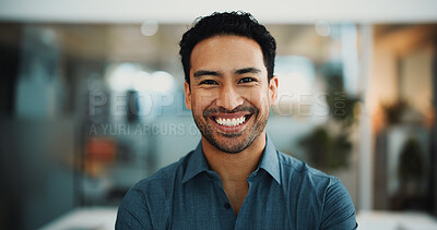 Buy stock photo Journalist, portrait or Asian man in agency with smile, experience or pride in media job. Happy, bokeh or male person in newsroom with confidence, about us or career growth in publishing industry.