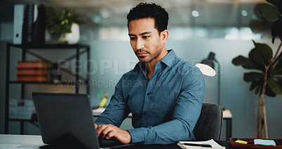 Buy stock photo Typing, laptop and planning with business man in office for research, account review and investor report. Risk analysis, portfolio budget and online audit with person in agency for stock evaluation