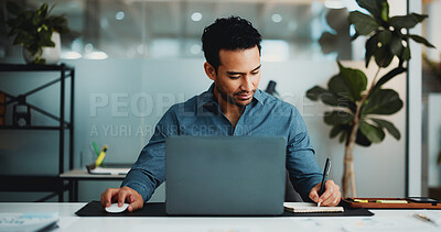 Buy stock photo Writing, laptop and planning with business man in office for research, account review and investor report. Risk analysis, portfolio budget and online audit with person in agency for stock evaluation