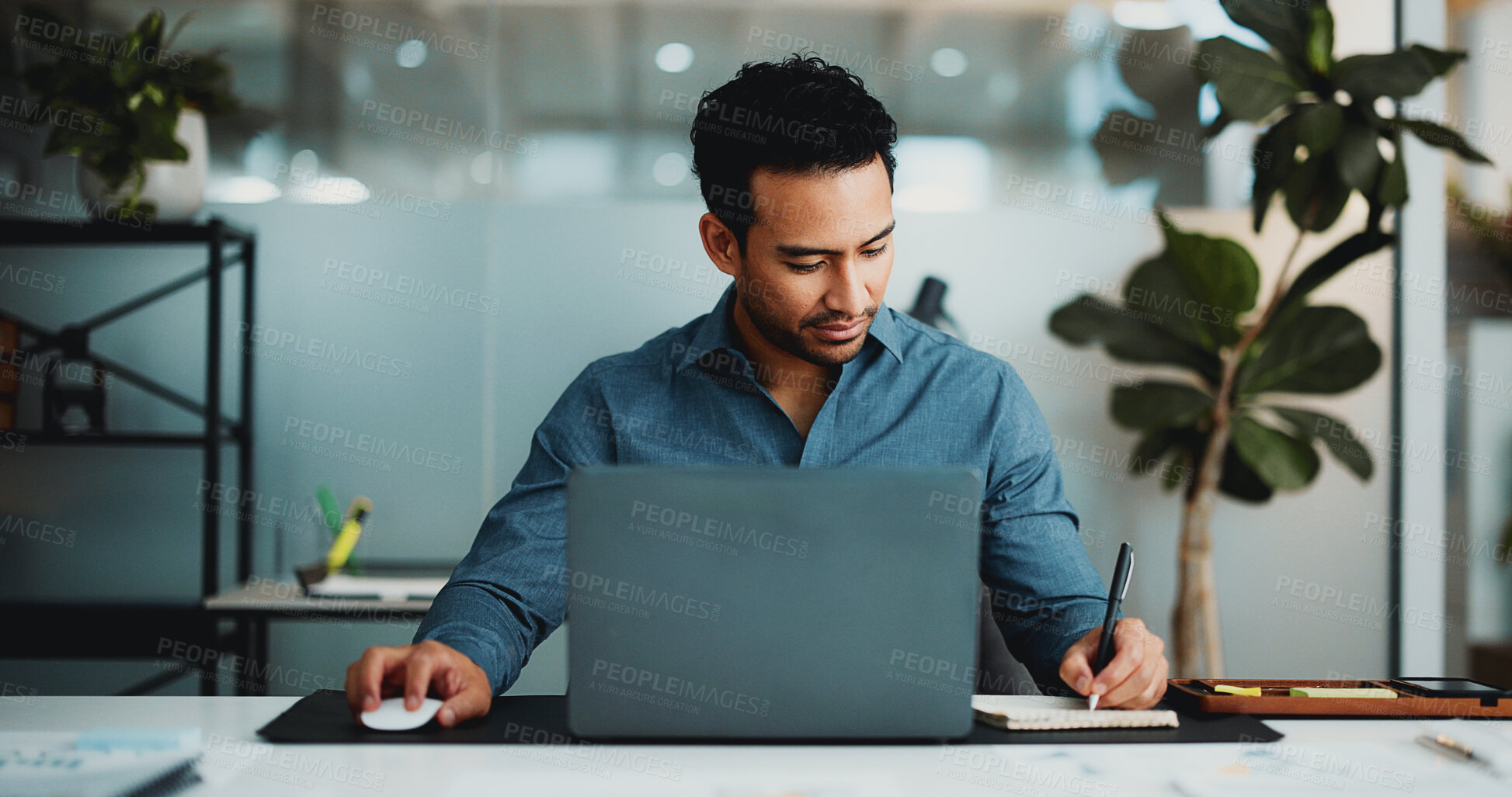 Buy stock photo Writing, laptop and planning with business man in office for research, account review and investor report. Risk analysis, portfolio budget and online audit with person in agency for stock evaluation