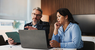 Buy stock photo Laptop, tablet and business people in office with discussion for finance report for budget planning. Computer, digital technology and manager with financial advisor for investment deal review.