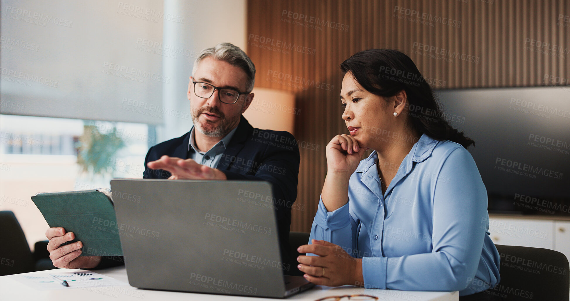 Buy stock photo Laptop, tablet and business people in office with discussion for finance report for budget planning. Computer, digital technology and manager with financial advisor for investment deal review.