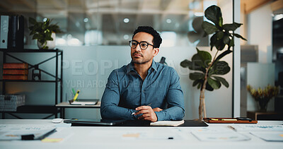 Buy stock photo Businessman, thinking or planning in office with idea for data analysis, financial insight or decision. Analyst, person and reflection in workplace with finance statistics, problem solving or vision.