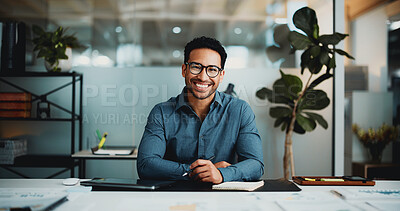 Buy stock photo Portrait, smile and professional with business man in office for about us, stock broker advisor and pride. Happy, bokeh and financial consultant with person in agency for career and opportunity