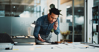 Buy stock photo Creative agency, phone call and man with documents, discussion and problem solving for article report. Business person, journalist and notes in office with checklist, feedback and graph communication
