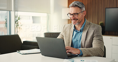 Buy stock photo Office, typing and man with laptop, happy and research for risk assessment on website and paperwork. Business, financial analyst and mature person with tech for budget review and document with graphs