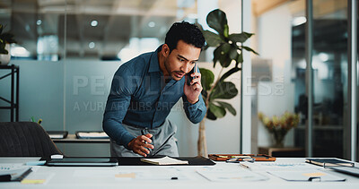 Buy stock photo Creative agency, phone call and man with paperwork, discussion and conversation for article report. Business person, journalist and notes in office with checklist, feedback and graph communication
