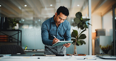 Buy stock photo Creative man, tablet and notes in office with stylus for editing, proofreading or publishing in company. Person, decision or editor with ideas, tech and email for proposal with online manuscript