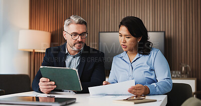 Buy stock photo Paperwork, tablet and business people in office with discussion for finance report for budget planning. Collaboration, digital technology and manager with financial advisor for investment deal review