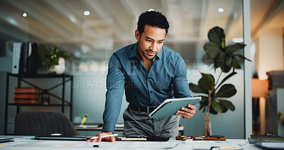 Buy stock photo Finance, review or man in office with tablet, funding ideas or data analysis for budget pitch. Research, paper and analyst in workplace with tech, online report or proposal update for investment plan