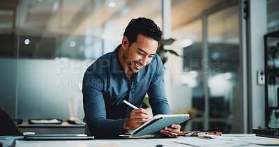 Buy stock photo Creative man, tablet and writing in office with stylus for editing, proofreading or publishing in company. Person, decision or editor with ideas, tech and email for proposal with online manuscript