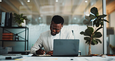 Buy stock photo Writing, laptop and research with business black man in office for planning, account review and investor report. Risk analysis, portfolio budget and online audit with person for stock evaluation