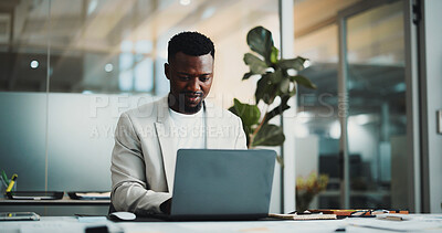 Buy stock photo Planning, laptop and research with business black man in office for typing, account review and investor report. Risk analysis, portfolio budget and online audit with person for stock evaluation