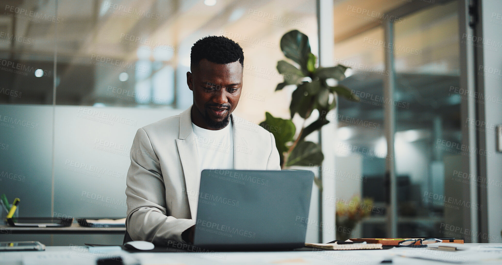 Buy stock photo Planning, laptop and research with business black man in office for typing, account review and investor report. Risk analysis, portfolio budget and online audit with person for stock evaluation