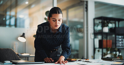 Buy stock photo Night, investor and woman in office, documents and reading with schedule for revenue audit. Evening, person and employee with paperwork, agenda or deadline with asset management and financial advisor