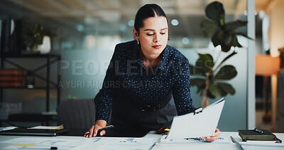 Buy stock photo Finance, review and woman in office with paper, funding ideas or data analysis for budget pitch. Reading, graphs and analyst in agency with documents, financial report or proposal for investment plan