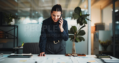 Buy stock photo Creative agency, phone call and woman with documents, project management and idea for article report. Person, journalist and paperwork in office with checklist, feedback or proposal with smile