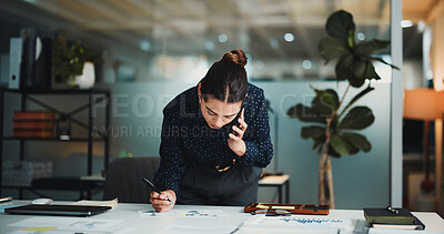 Buy stock photo Creative agency, phone call and woman with graphs, project management and notes for article report. Business person, journalist and communication in office with checklist, feedback or proposal