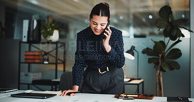 Buy stock photo Creative agency, phone call and woman with smile, project management and notes for article report. Business person, journalist and paperwork in office with checklist, feedback or proposal with graphs