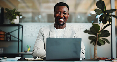 Buy stock photo Portrait, laptop and happy with business black man in office for planning, account review and investor report. Risk analysis, portfolio budget and online audit with person for stock evaluation