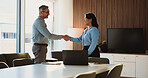 Shaking hands, greeting and business people in office for partnership, agreement or collaboration. Happy, meeting and financial advisor with client for investment contract with handshake in workplace