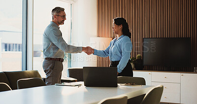 Buy stock photo Shaking hands, greeting and business people in office for finance partnership, agreement or collaboration. Happy, meeting and financial advisor with client for investment contract with handshake.