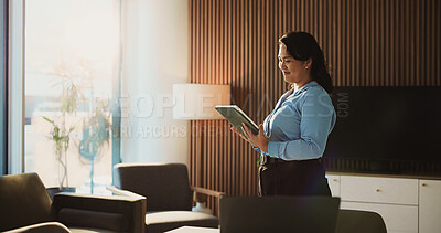 Buy stock photo Business, tablet and woman in office, broker and typing with website for trading portfolio. Happy person, investor and employee in workplace, technology and email for audit results, internet and app