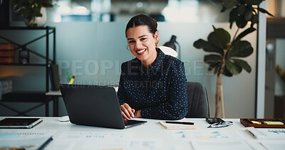 Buy stock photo Investor, portrait and happy woman with laptop, night and career ambition with schedule for audit. Evening, financial advisor or person in office, pc and smile with email notification or website info