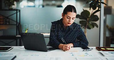 Buy stock photo Writing, laptop and research with business woman in office for planning, account review and investor report. Risk analysis, portfolio notes and online audit with person for stock evaluation