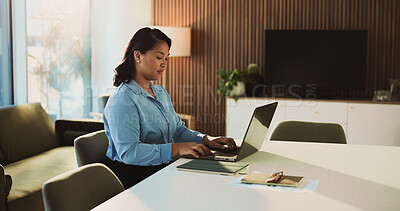 Buy stock photo Laptop, lawyer and business woman in office for research, proposal and review for case study in boardroom. Professional, law firm and person on computer for information, legal strategy and trial prep