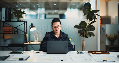 Buy stock photo Laptop, review or businesswoman in office for planning, check investment model or market research. Reading, forecast projection or financial analyst with earning potential report, computer or project