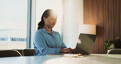 Buy stock photo Laptop, media agency and woman in office, typing and deadline for news report. Person, employee or journalist in workplace, lens flare or pc with email for submission, proofreading or magazine editor