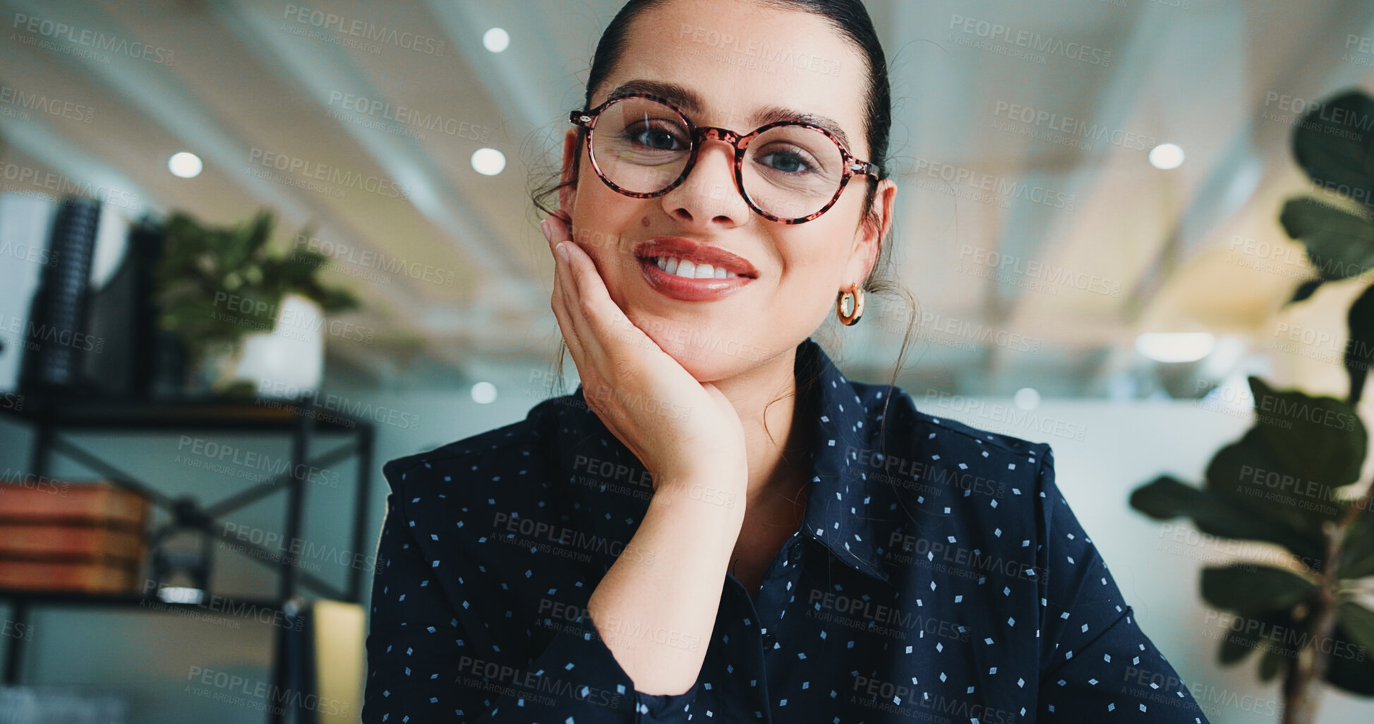 Buy stock photo Office, pov and portrait of business woman for video conference, online workshop and seminar. Professional, glasses and person in virtual meeting for webinar, job training and career development