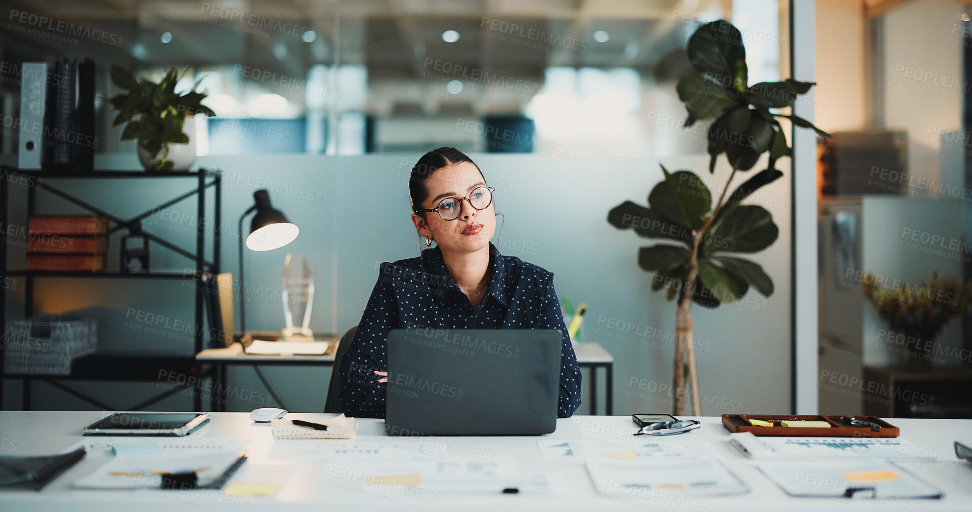 Buy stock photo Laptop, thinking and glasses with business woman in office for reflection, news story vision or perspective. Journalist idea, publication research and memory with person and tech in agency for review