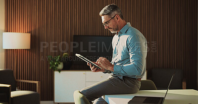 Buy stock photo Financial advisor, tablet and man in office, scroll and research for trading portfolio. Mature person, professional and investor in workplace, tech or website info for economy analysis or digital app